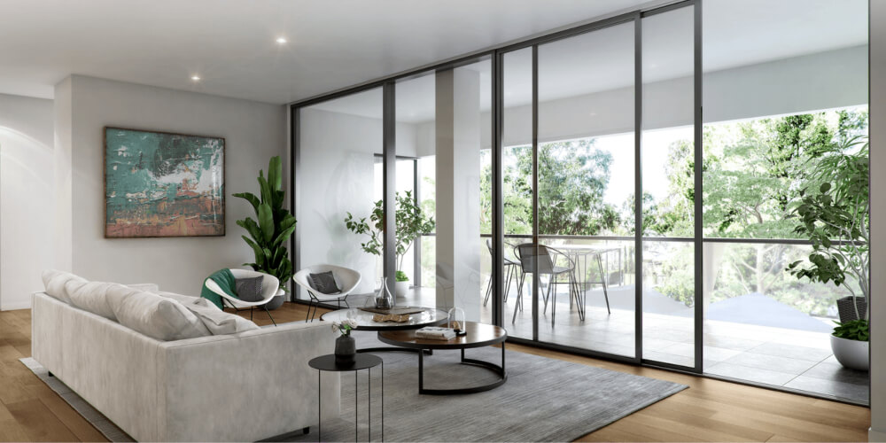 View of the living area of a Flourmill Apartment at the Hackney development