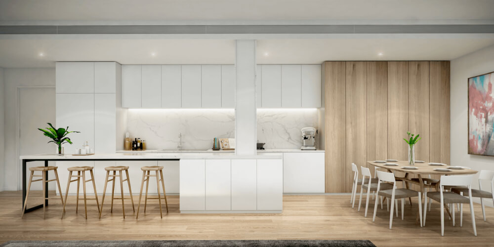 View of the kitchen area of a Flourmill Apartment at the Hackney development